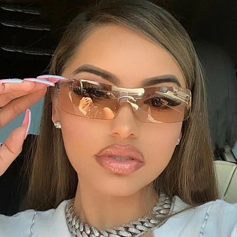 Rimless One Piece Small Square Sunglasses for Women Vintage Alloy Clear Brown Sun Glasses Uv400 Men Retro Flat Shades New Brand