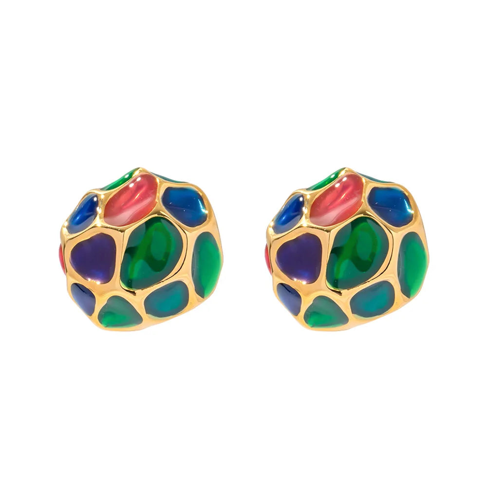 French Classic Irregular Stone Colorful Enameled 18K Real Gold Plated Round Brass Stud Earrings