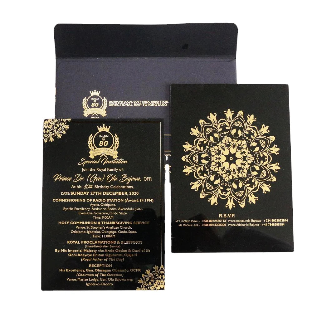 Royal Black Acrylic Wedding Invitation with Gold Foil RSVP Cards & Map Match Envelopes