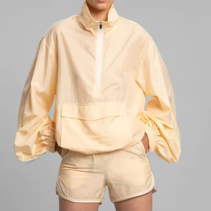 Comfort Women Two Piece Set Long Sleeve Half Zipper Windbreaker Sweatsuit Windbreaker and Shorts Casual Sports Suit Outdoor Set