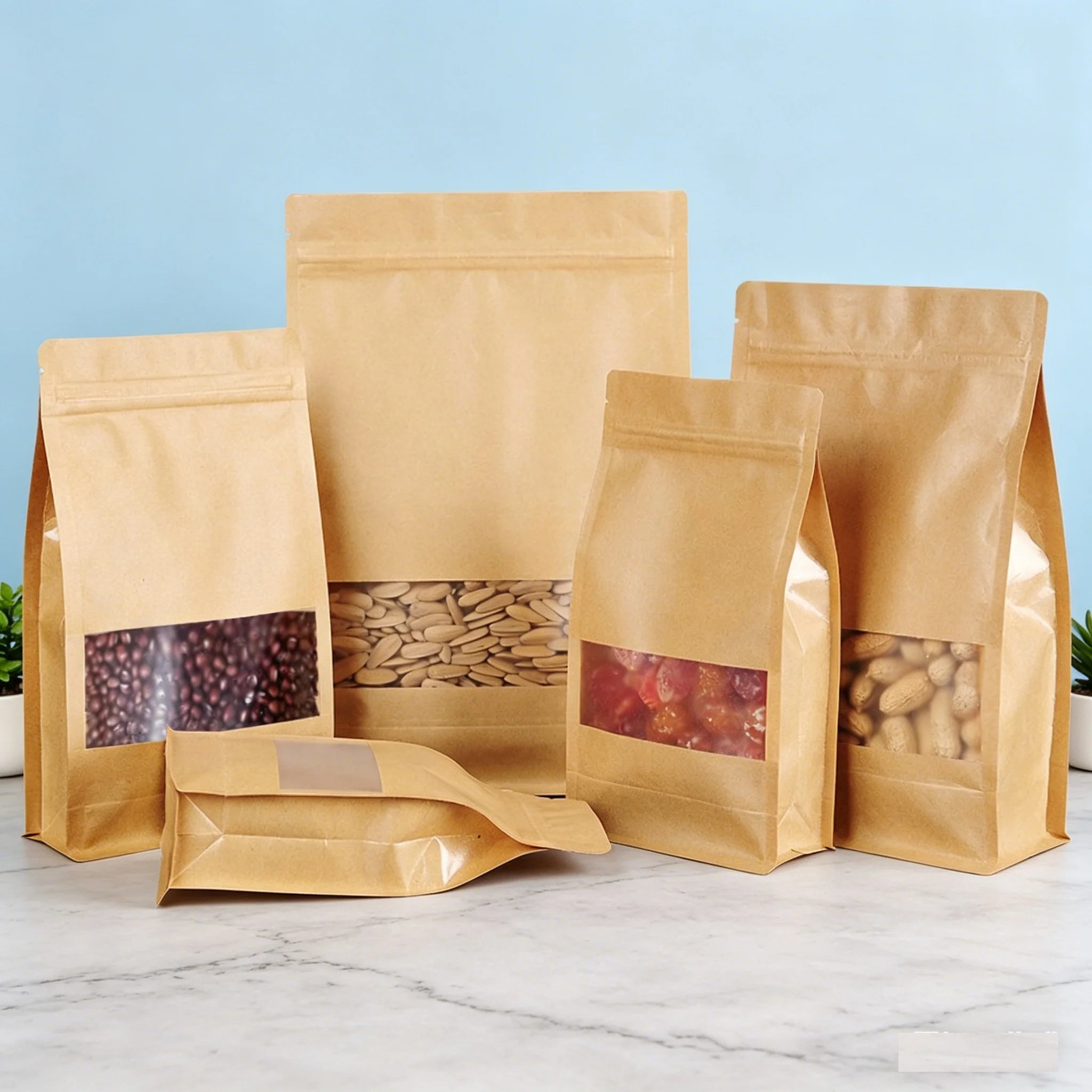 Resealable Flat Bottom Stand up Pouch Kraft Paper Bag With Transparent Window for Nuts Popcorn Snack Dried Food Tea Storage