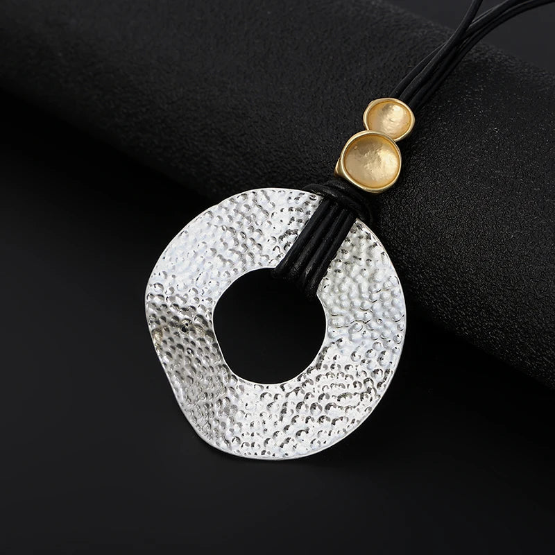 TongLing Italy Retro Geometric Long Sweater Necklace Vintage Textured Surface Circular Necklace for Women Girl