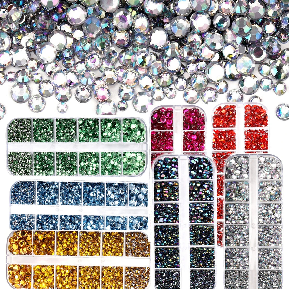 12 Grids Multi Sizes Glass Flat Back Nail Rhinestones SS6-SS30 Crystal AB Clear Round Glitter Gem for DIY Nail Art Decorations