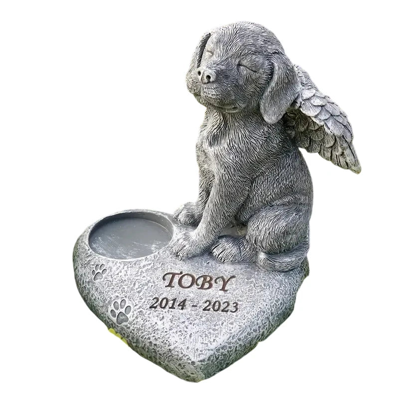 Custom Angel Wing Cocker Spaniel Memorial Statue Gray Resin Puppy with Heart Base and Photo Urn Slot