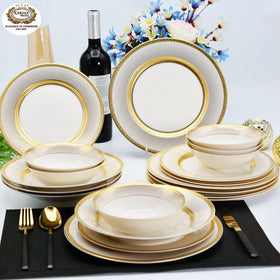24pcs Elegant Bone China Porcelain Royal Gold Dish Plate Dinner Dinnerware Luxury Gold Rim Bowl Sets