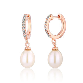 KAMMY Women's Geometric 7-7.5mm Trendy Huggie Earrings 925 Sterling Silver Rose Gold Rhodium Plated Natural Freshwater Pearl