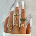 Europe and America Finger Jewelry Green Crystal Butterfly Rose Open Ring Set Love Finger Ring Set 7pcs/set Tassel Ring