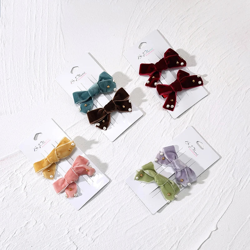 2pcs/set Custom Baby Hair Accessories Sweet Bow Hairgrips Pearl Velvet Hair Clips Set for Kids