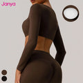 Janya Female Fitness Crop Top Quick Dry Nude Yoga Wear With Square Neck Sexy Long-Sleeved T-Shirt Removable Pads Square Neck MegaBDM