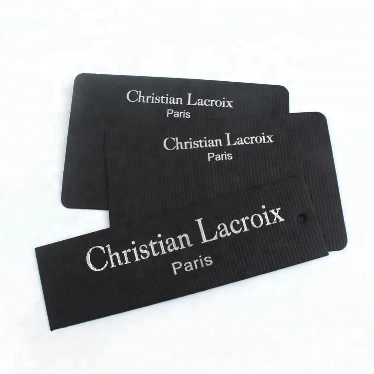 Custom Brand Name Silver Foil Print Emboss Texture Matte Black Paper Cardboard Hang Tags for Handbag
