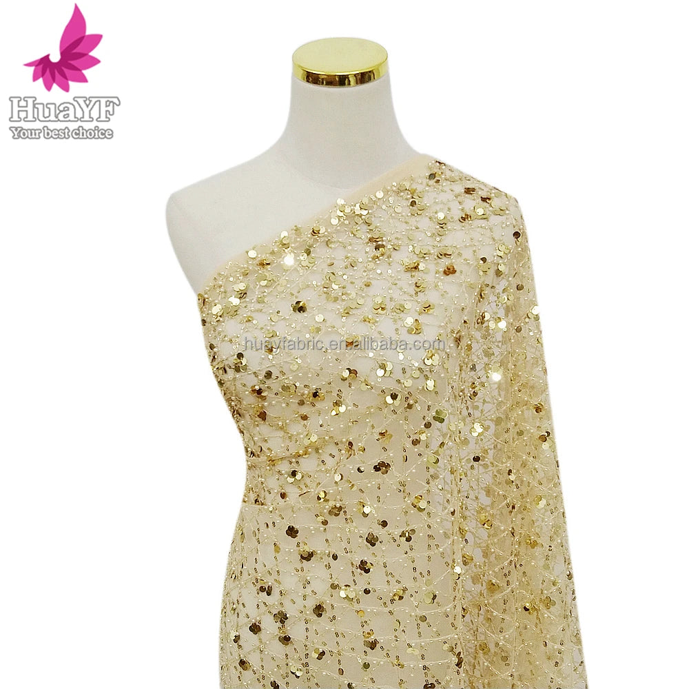 HY2426-4 New Gold Heavy Weight Sequin Tulle Lace Fabric With Pearl Woman Wedding Evening Dress
