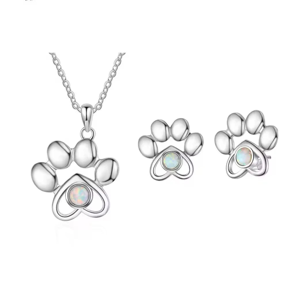 Fashion Jewelry 925 Sterling Silver Pet Paw Print Opal Necklace and Earring Jewelry Set