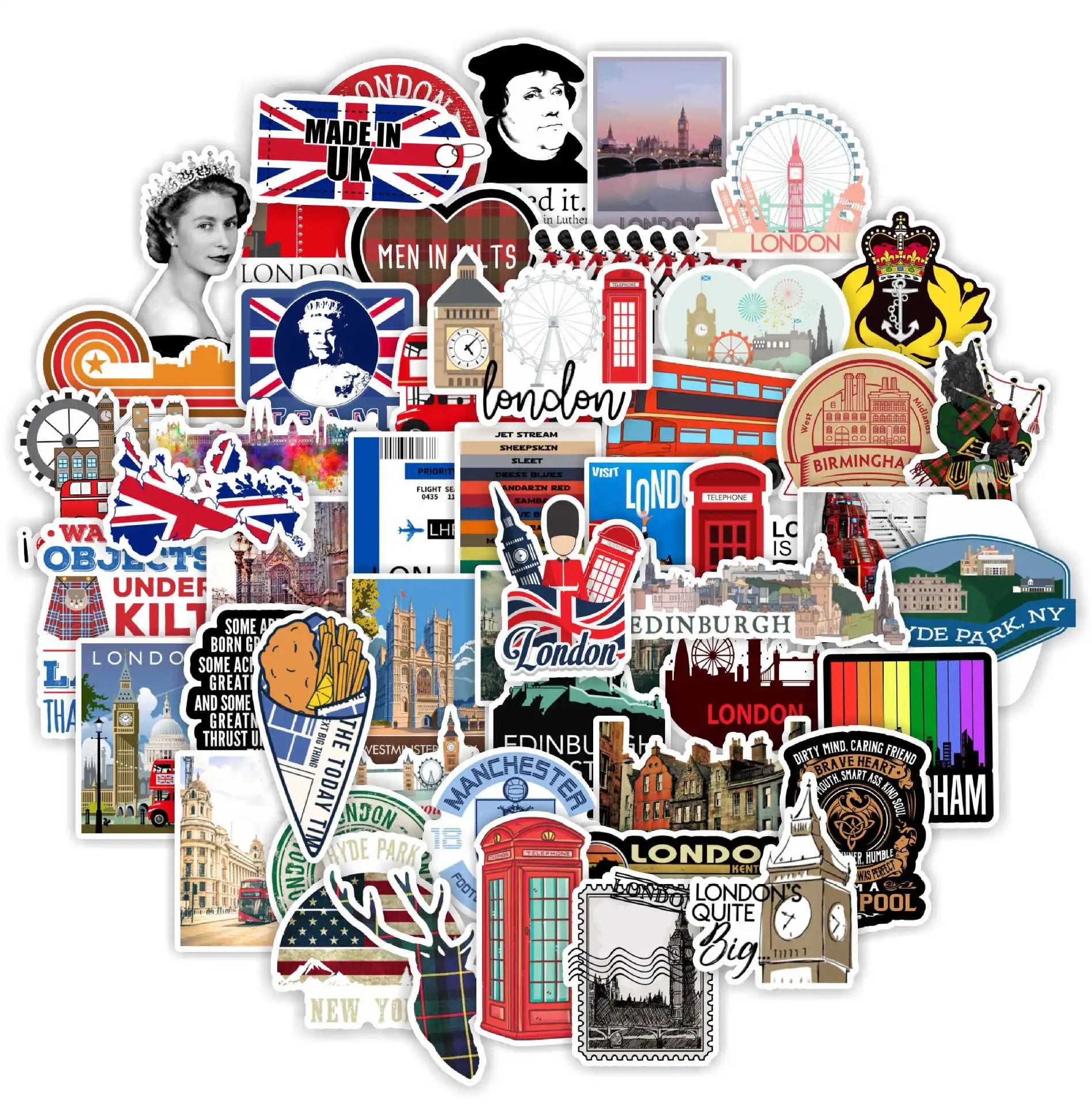 50Pcs UK Britain Cultural Symbols Landmark Graffiti Stickers for Phone Laptop Notebook Vinyl World Travel Sticker