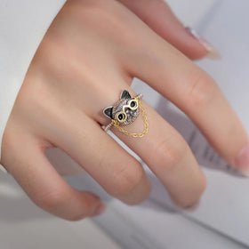 Vintage Unique Cat Design Adjustable Open 925 Sterling Silver Finger Rings Women Fashion Jewelry