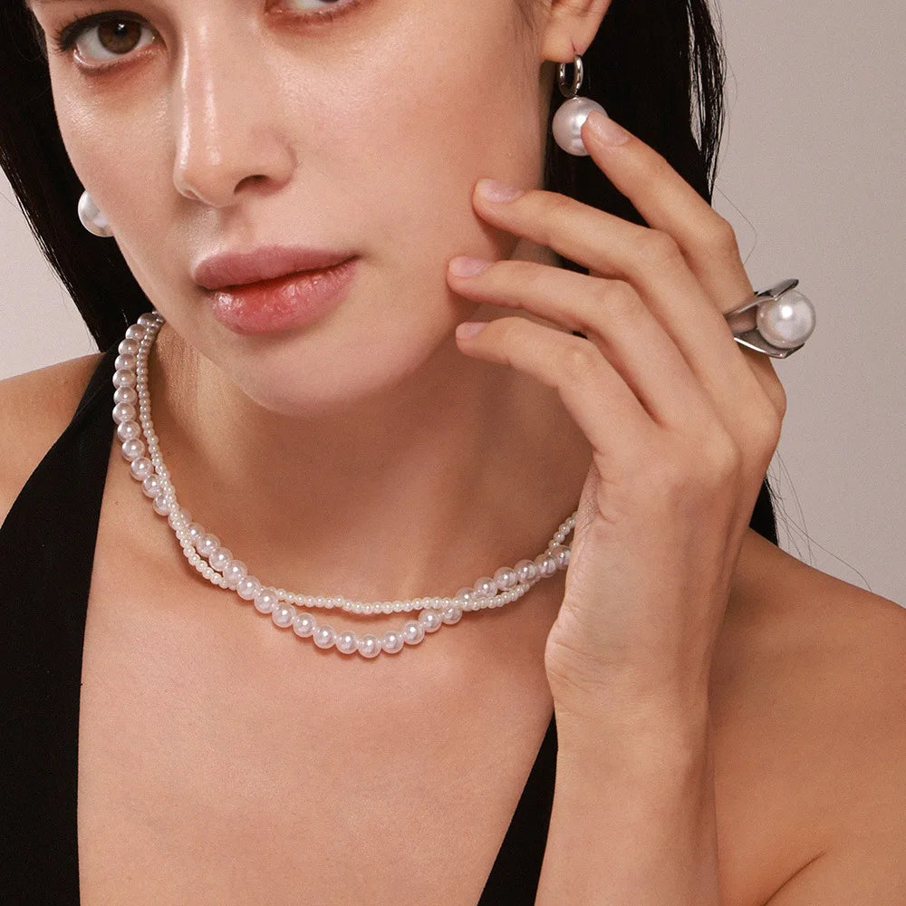 Double Layer Short Chain Necklace Pearl Beads Summer  Vintage Style Choker Pearl Necklace Ring Set for Girls
