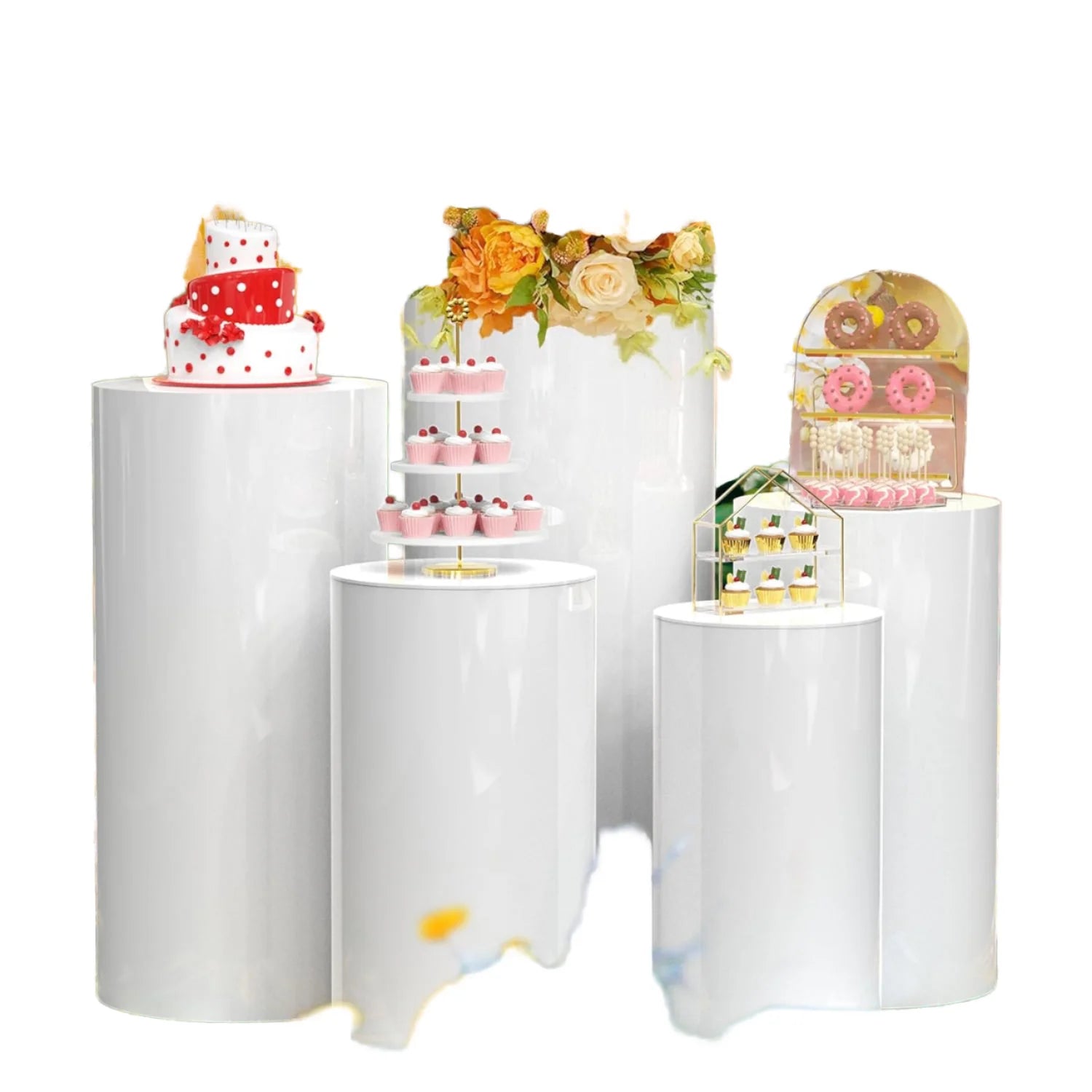 White Transparent Acrylic Cylinder Display Stands for Parties Wedding Birthday Celebrations Polished Plastic Exhibition