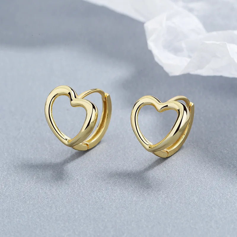 INS Fashion Jewelry 925 Sterling Silver Minimalist Simple Hollow Heart Shape Gold Plated Hoop Earrings Women Valentine's Day