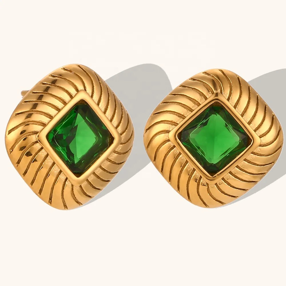 Dingran Vintage Rhombus AAA Zircon Stud Earring 316L Stainless Steel Gold Plated Jewelry Earrings