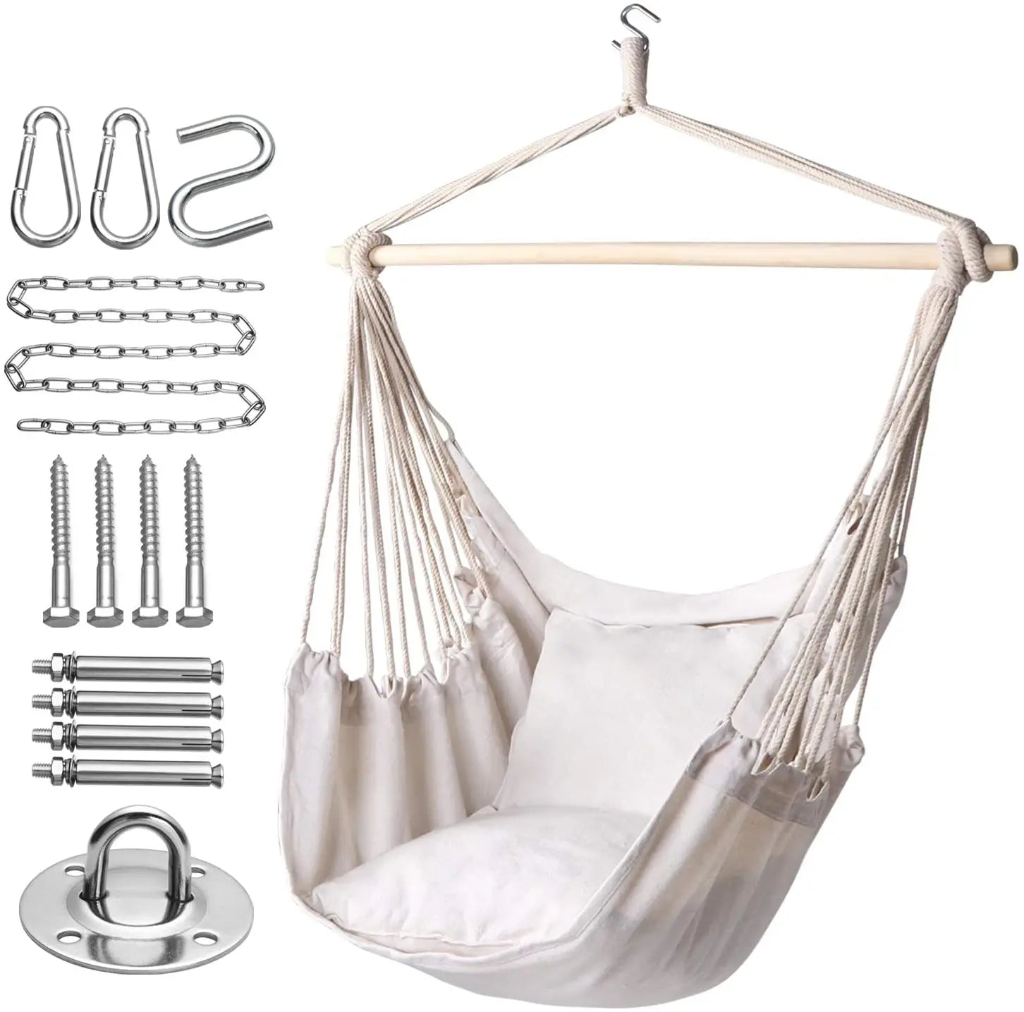 Woqi Soft Durable Cotton  Cushions Included  Large Macrame Hanging Chair with Pocket for Bedroom Patio Porch