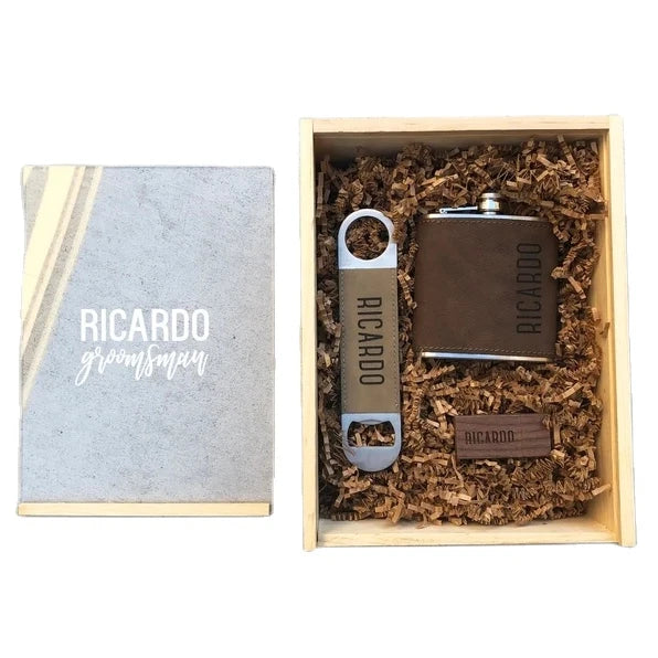 JUNJI Personalized Wholesale Wood Gift Packing Box Engraved Wooden Flask Box Groomsmen Gift Father's Day Gift