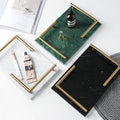 New Style Rectangle Natural Marble Serving Jewelry Storage Tray with Gold L Shape Handles 30x20cm for Home & Hotel Use
