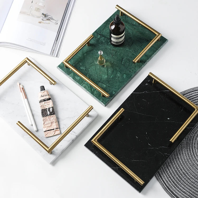 New Style Rectangle Natural Marble Serving Jewelry Storage Tray with Gold L Shape Handles 30x20cm for Home & Hotel Use