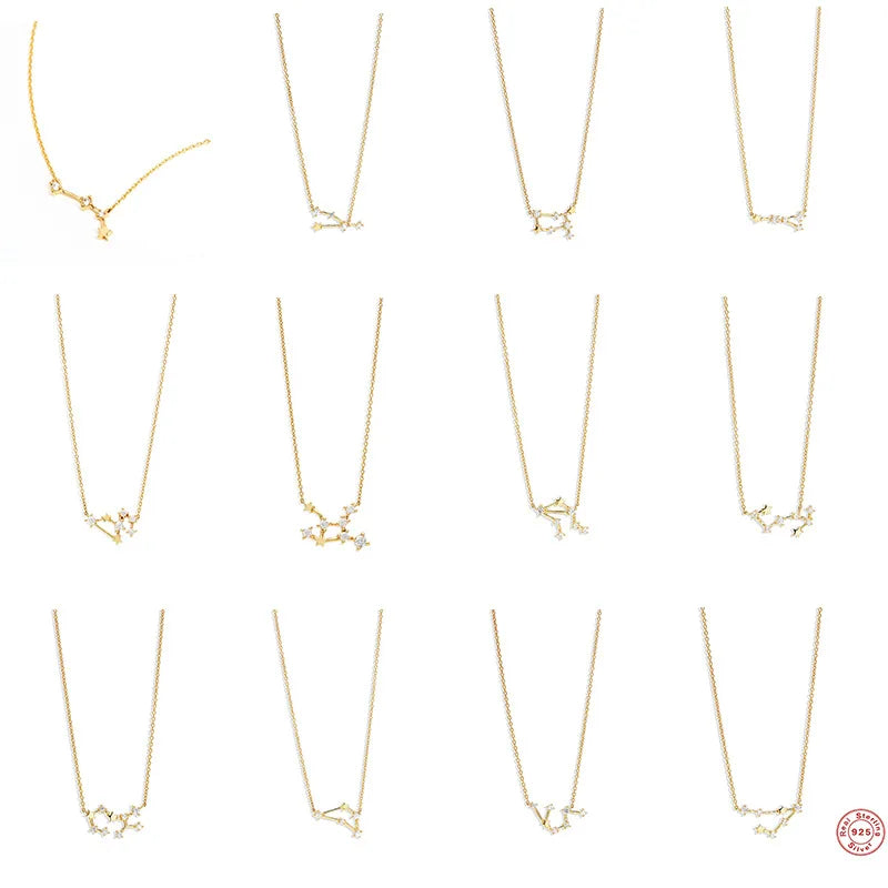 Fashion Jewelry 925 Sterling Silver Zodiac Necklaces Twelve Zodiac Stars Diamond Zircon Gold Plated Necklaces for Women