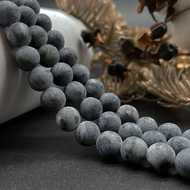 Natural Matte Frosted Larvikite Black Labradorite Energy Healing Power Crystal Round Loose Beads 8mm for Jewelry Making