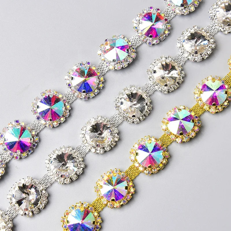 2cm Wide Round Bling Rhinestone Metal Chain Strass Applique Crystal Trim Sewing Wedding Dress Shoes Bags Accessories