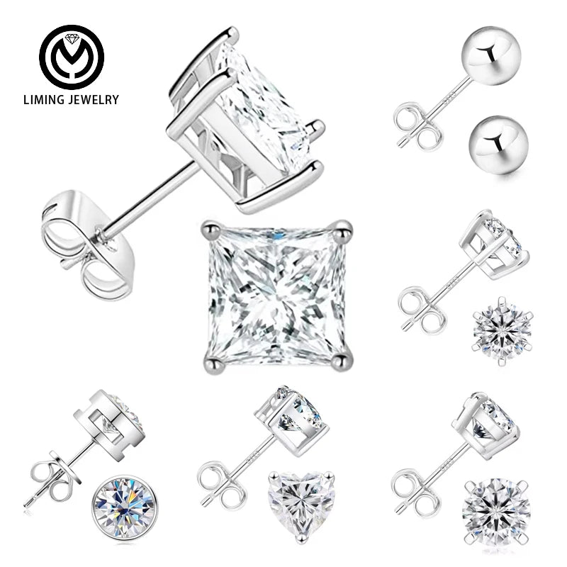 GE53 Korean Trendy Cubic Zircon CZ Stud Earrings 925 Sterling Silver Square Diamond Hypoallergenic Earring for Women Men Jewelry