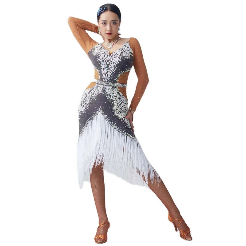 L-2043 Best Selling National Standard Latin American Dancing Dresses Female Adults Competition Tassel Cha-cha Rumba Dance Dress