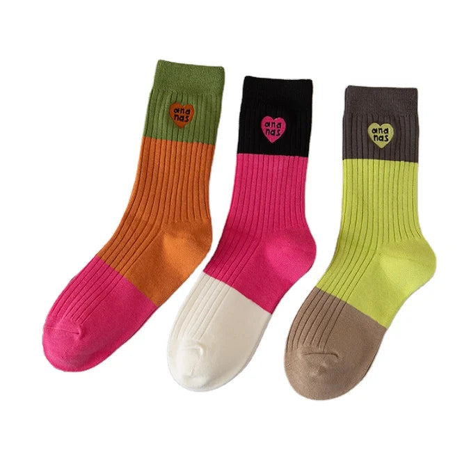 Spring and Autumn Color Matching Love Embroidery Fashion Trend Wearing Style Pure Cotton Women's Mid Length Socks