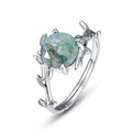 Classic Design Rhodium Plated Leaf Branch Ring Round Natural Moss Agate Quartz Engagement Solitaire Ring Jewelry