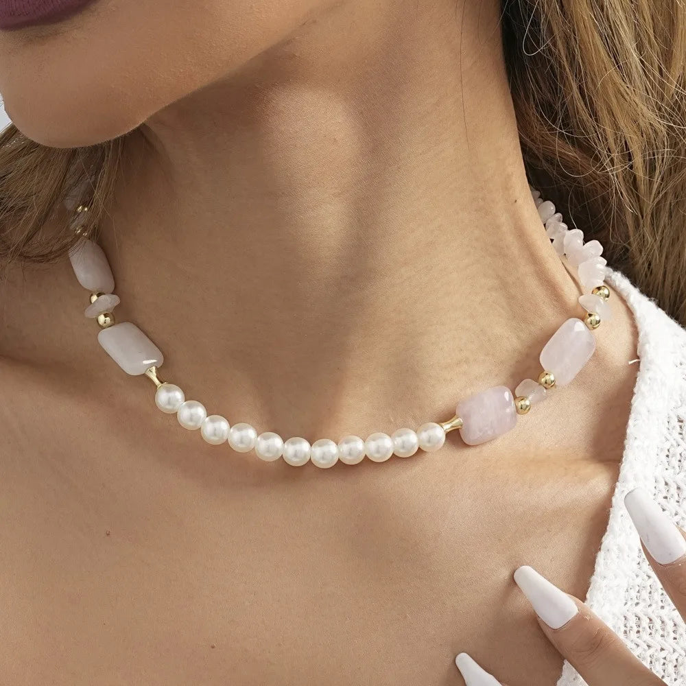 Trendy 18K Gold Adjustable Necklace Natural Stone Rose Quartz Beaded Clavicle Necklace Baroque Pearls Beaded Jewelry for Women