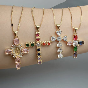 Shiny Crystal Zircon Guadalupe Madonna Cross Pendant Necklace for Women Religious Jewelry Wholesale