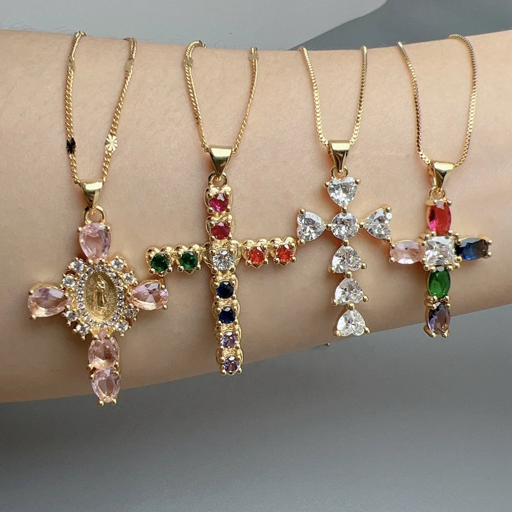 Shiny Crystal Zircon Guadalupe Madonna Cross Pendant Necklace for Women Religious Jewelry Wholesale