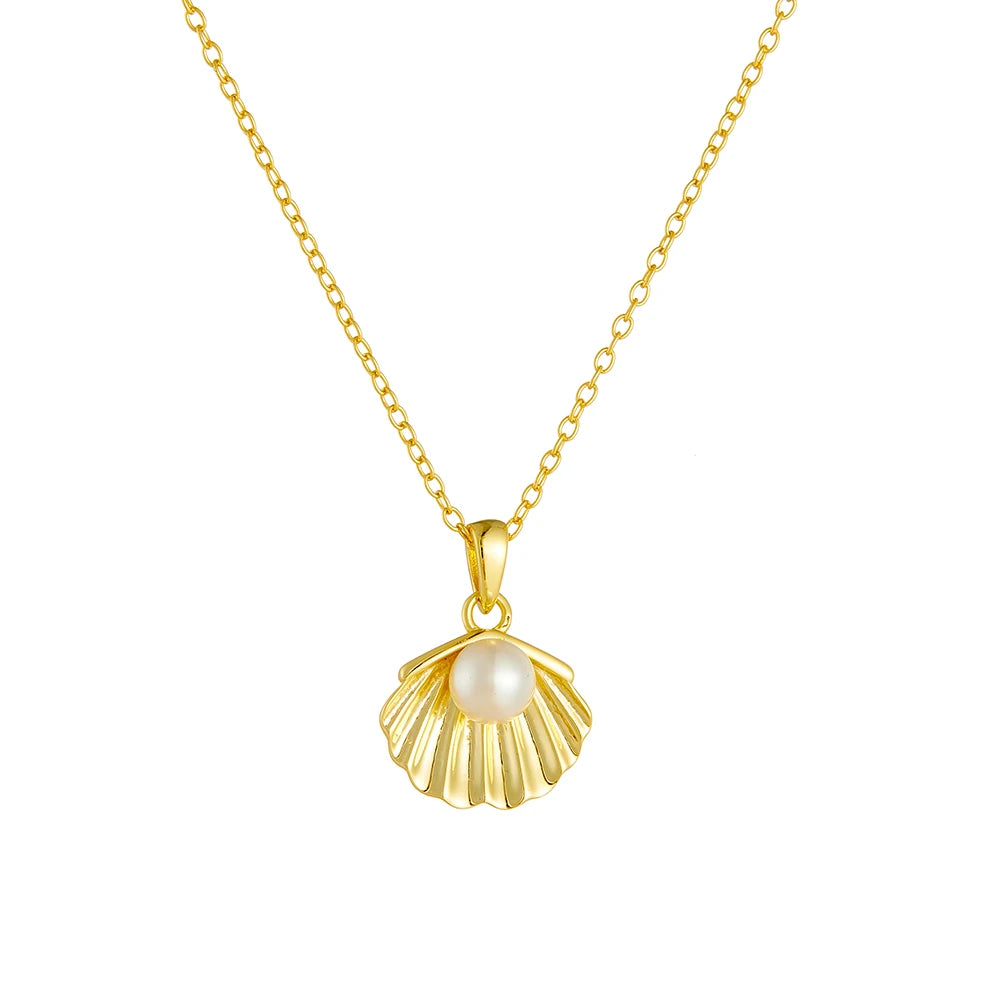 French Elegant S925 Sterling Silver 14K Gold Plated Pearl Shell Pendant Necklace for Women