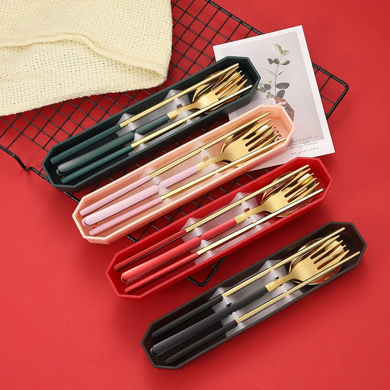 Custom Logo 304 Korean Picnic Dinnerware Camping Portable Flatware Travel Stainless Steel Cutlery Tableware Set