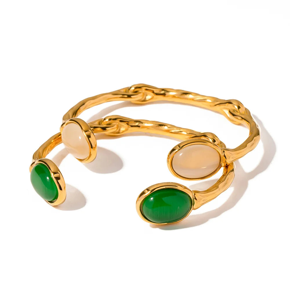 New Trendy Waterproof 18k Gold Plated Stainless Steel Jewelry Gift Minimalist Opening Texture Opal Bangles Bracelet for Women