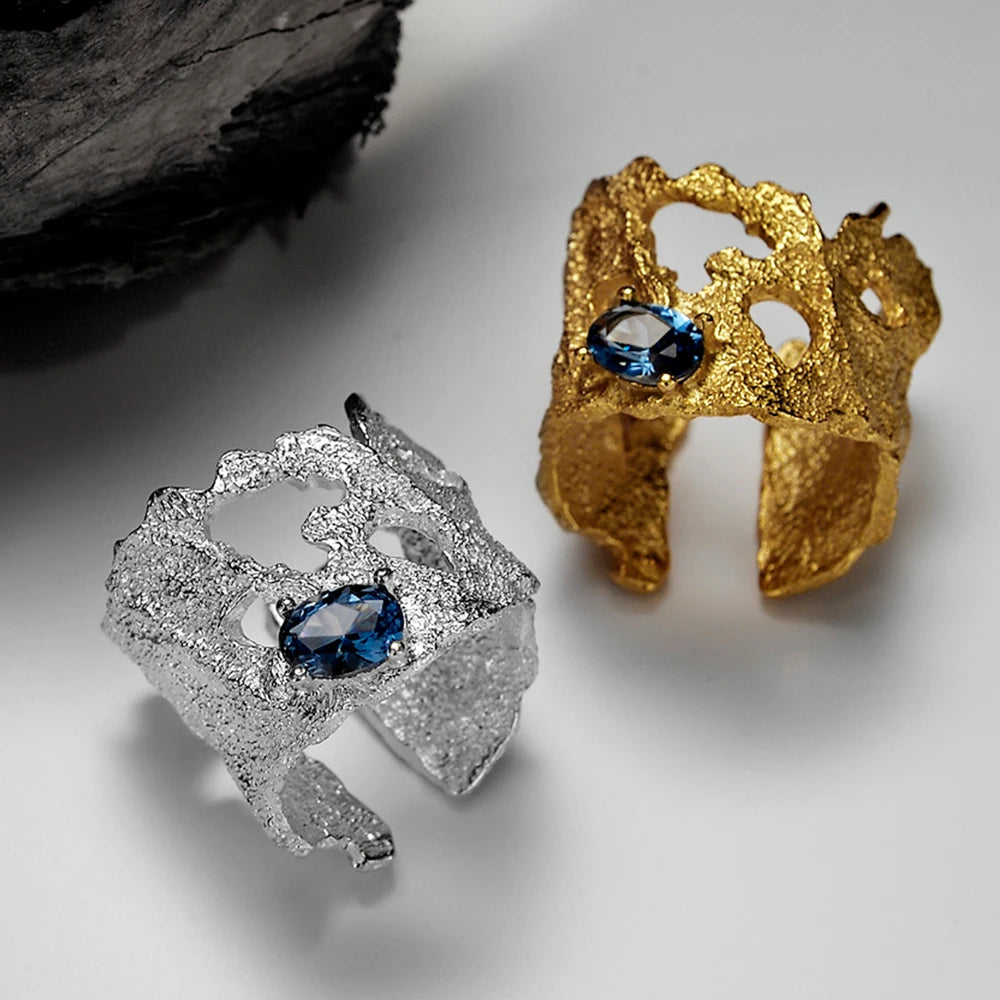 ICEBELA Fashion Jewelry 925 Sterling Silver Light Luxury Hollowed-out Broken Texture Open Gemstone Index Sapphire Ring