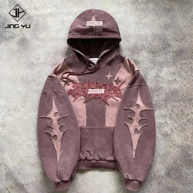Custom Manufacturer Applique Vintage Cut and Sew Streetwear Acid Washed Distressed Embroidery Patch Hoodie for Men