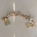 SLBRIDAL Handmade Alloy Leaf Zircon Freshwater Pearl Ceramic Flower Bridal Hair Comb Wedding Hair Accessories Women Hair Jewelry