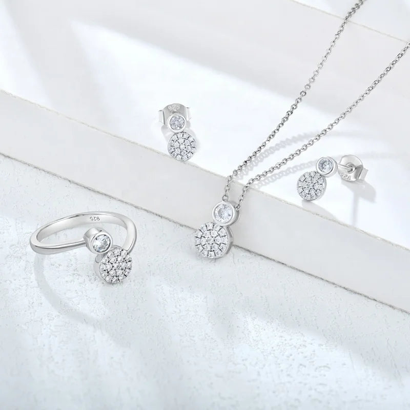 Fashion Jewelry Set 925 Sterling Silver Ring Necklace and Earrings Geometric Round Zirconia Jewelry Set for Women