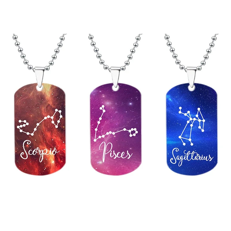 Personalized Colorful 12 Zodiac Signs Stainless Steel Ball Chain Rectangle Pendant Necklaces Wholesale
