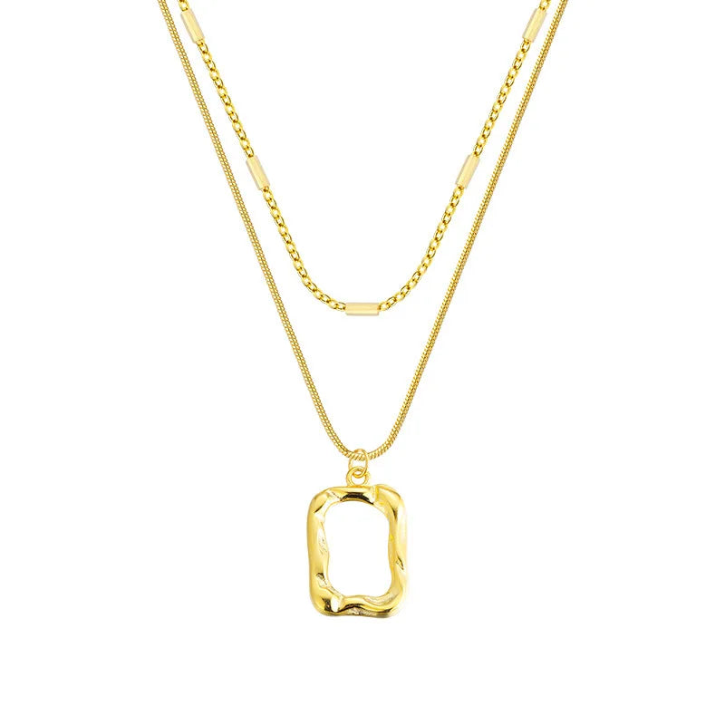 Fine 18k Gold Plated Double Layer 925 Sterling Silver Hollow square Pendant Fashion Stacked Necklace for Women