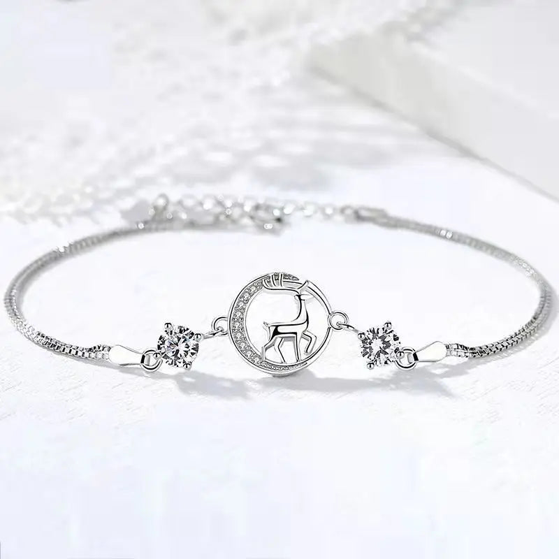 Women's Fashion Elk Bracelet 925 Sterling Silver Round Disc CZ Diamond Zircon Trendy Style Christmas Gift Women Girls Parties