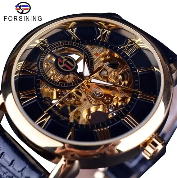 Forsining Men New Mechanical Transparent Blue Watch Ultra Thin Analog Genuine Leather Strap Sport Casual Male Automatic Watches