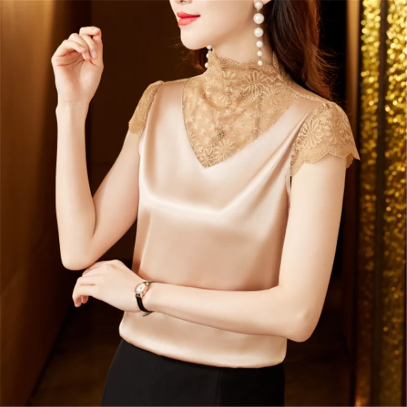 3207# Summer Fashion Lace Satin Bat Sleeve Blouse for Woman Elegant Youth Solid Lace Shirts Loose Casual Top Office Lady