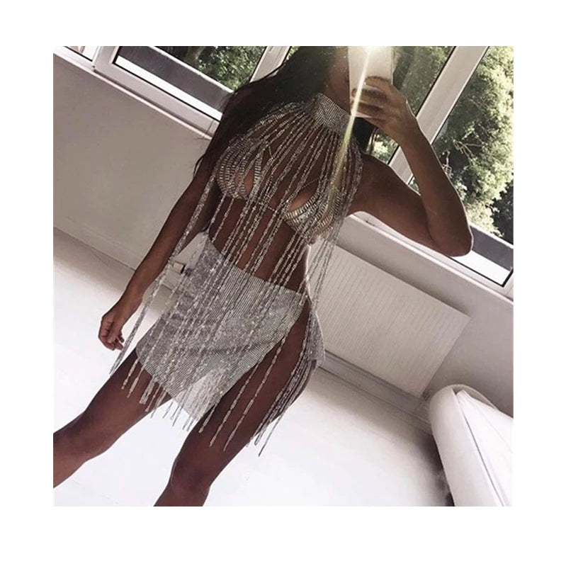 OEM Rhinestone Halter Body Jewelry Sexy Bra for Women Long Tassel Body Bikini Dance Chocker Necklace Tanktop Crystal Wearing