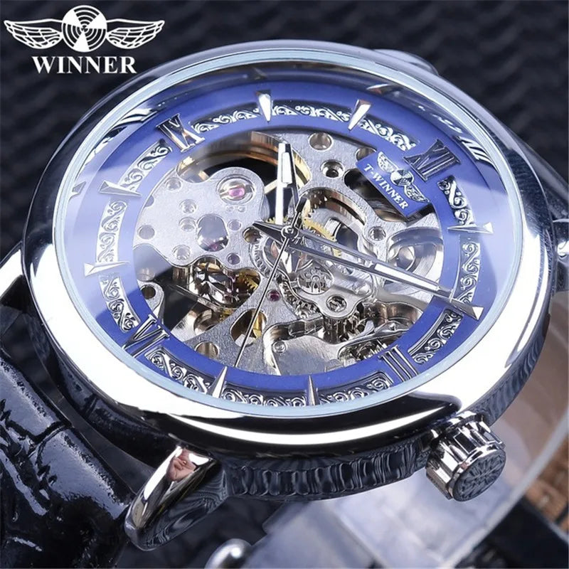 Winner 22mm Leather Band Watch Men Royal Golden Luxury Gear Skeleton Clock Men's Automatic Mechanical Fashion Wrist Watches